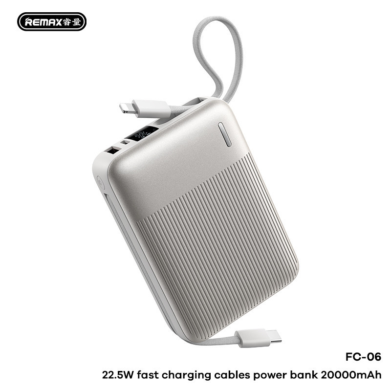 Batterie externe REMAX FC-06 – 20 000 mAh 22,5 W avec câbles Argent Batterie externe REMAX FC-06 – 20 000 mAh 22,5 W avec câbles Argent