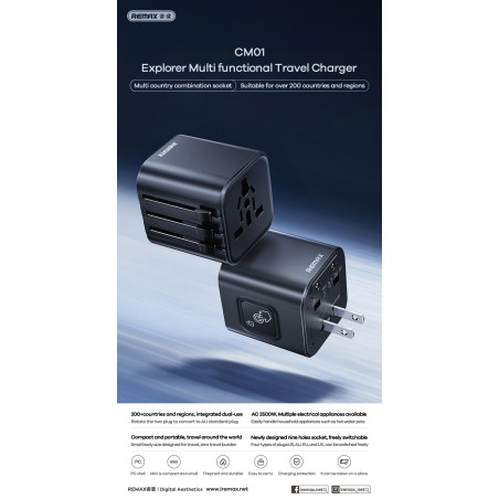 Chargeur multifonction REMAX CM01 – 2500W UK/EU/US/AU Noir