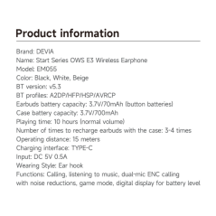 Écouteurs Devia OWS E3 EM055 Bluetooth 10 h blancs
