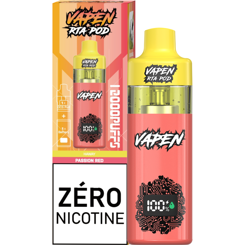 Vapoteuse Vapen RTA Pod – Haway, 12 000 bouffées, 0 % nicotine, Type-C, remplissable