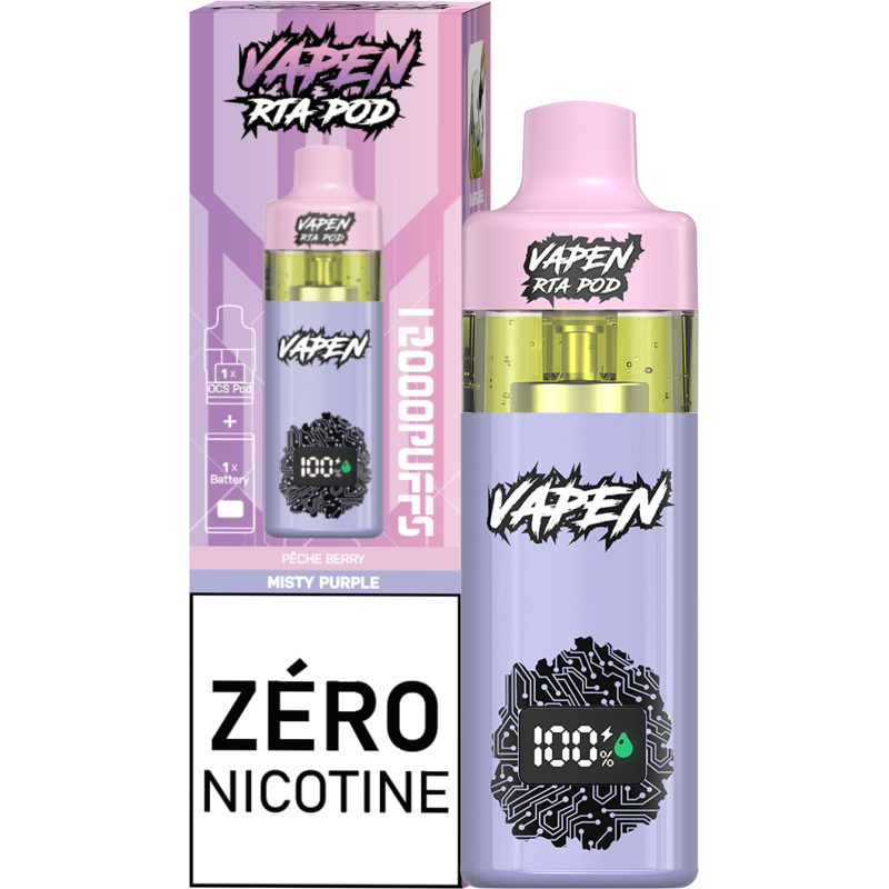 Vapoteuse Vapen RTA Pod – 12 000 bouffées, 0 % nicotine, pêche et baies, USB Type-C Vapoteuse Vapen RTA Pod – 12 000 bouffées, 0 % nicotine, pêche et baies, USB Type-C