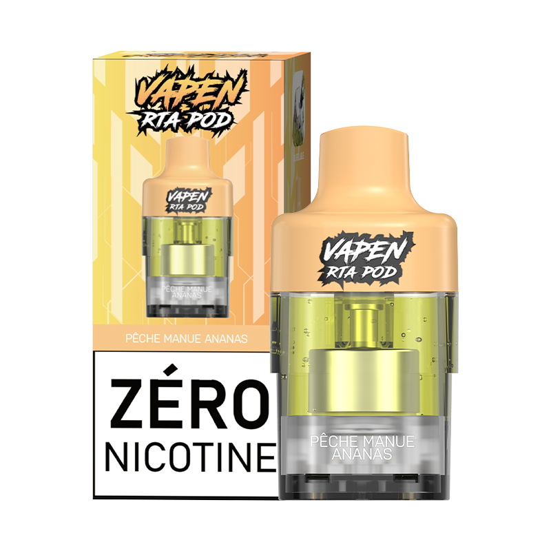 E-liquide prérempli Vapen RTA Pod – 24 ml · 12 000 bouffées · 0 % nicotine · Pêche mangue ananas E-liquide prérempli Vapen RTA Pod – 24 ml · 12 000 bouffées · 0 % nicotine · Pêche mangue ananas