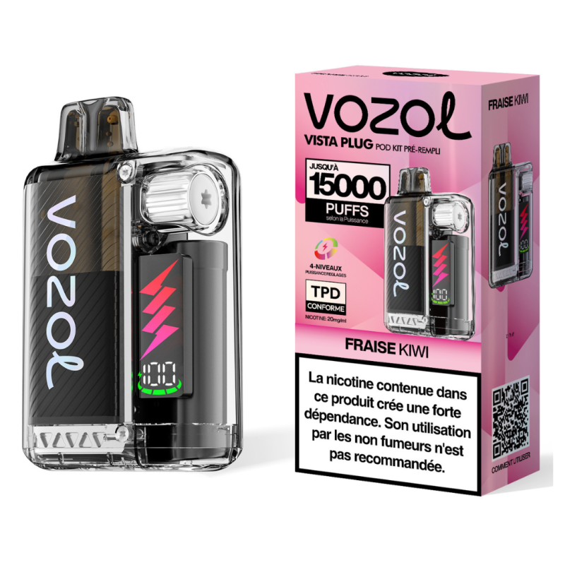 Vapoteuse Vozol Vista Plug – Fraise kiwi · 15 000 bouffées · 650 mAh · USB-C · 10+2 ml · Nicotine 2 % Vapoteuse Vozol Vista Plug – Fraise kiwi · 15 000 bouffées · 650 mAh · USB-C · 10+2 ml · Nicotine 2 %