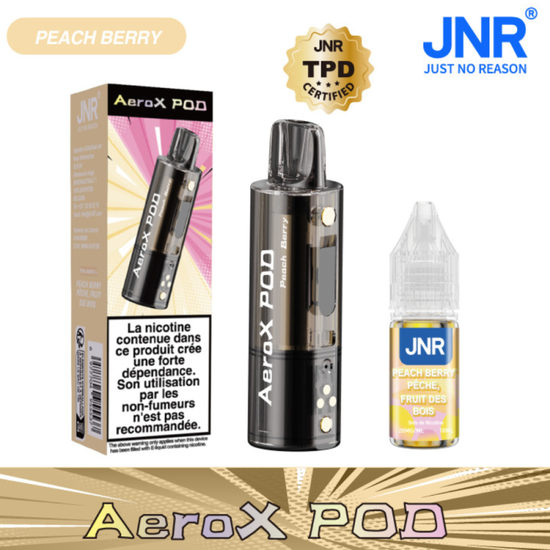 Vapoteuse rechargeable JNR AeroX avec cartouche et liquide JNR – 20 mg/ml, Pêche Fruits des Bois Vapoteuse rechargeable JNR AeroX avec cartouche et liquide JNR – 20 mg/ml, Pêche Fruits des Bois