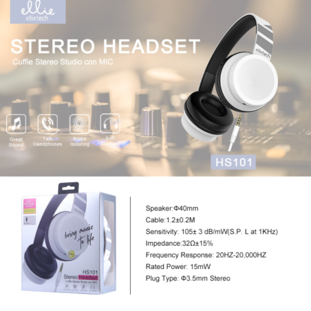 Wired Headset Ellietech HS101 – White, Jack and Mic