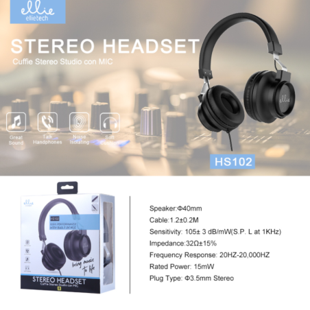 Wired Headset Ellietech HS102 – Black, Jack and Mic