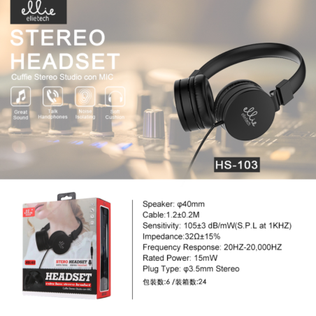 Wired Headset Ellietech HS103 – Black, Jack and Mic