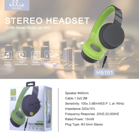 Wired Headphones Ellietech HS101 – jack cable, mic, green