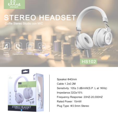 Wired Headphones Ellietech HS102 – jack cable, mic, white