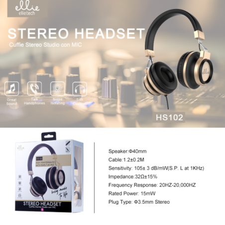 Wired Headphones Ellietech HS102 – jack cable, mic, gold