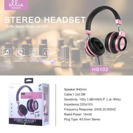 Wired Headphones Ellietech HS102 – jack cable, mic, pink