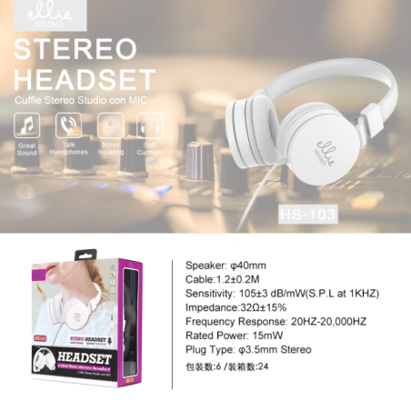 Wired Headphones Ellietech HS103 – jack cable, mic, white