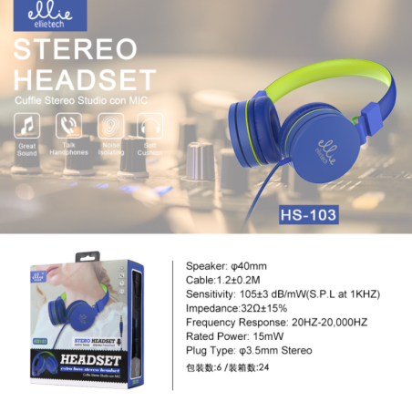 Wired Headphones Ellietech HS103 – jack cable, mic, blue