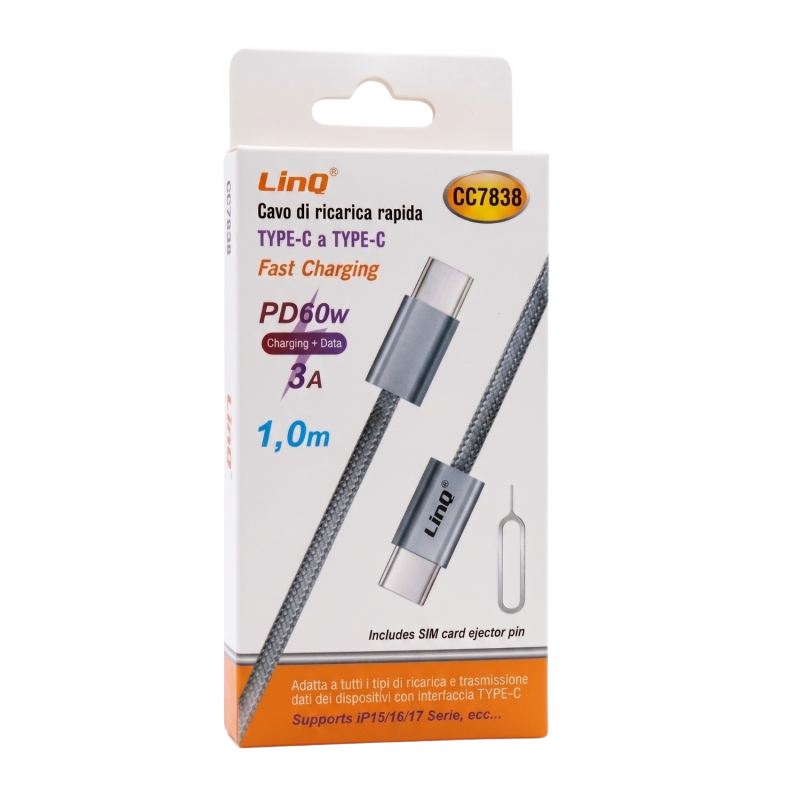 Câble USB-C vers USB-C LinQ CC7838 – PD 60W, 1 m, blanc