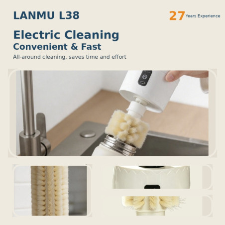 Brosse Électrique pour Verres LANMU L38 360° Type-C Poils PA Souples Support Mural - Blanc