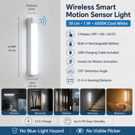 Lampe LED à Détecteur de Mouvement Sans Fil 10cm 1W 6000K USB Rechargeable - Blanc Froid