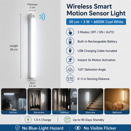 Lampe LED à Détecteur de Mouvement Sans Fil 30cm 3W 6000K USB Rechargeable - Blanc Froid