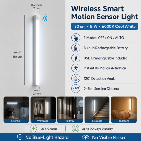 Lampe LED à Détecteur de Mouvement Sans Fil 50cm 5W 6000K USB Rechargeable - Blanc Froid