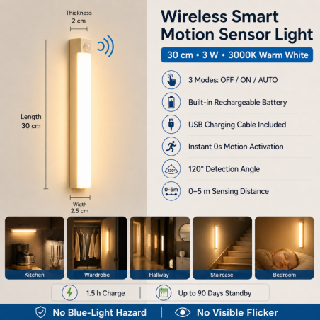 Lampe LED à Détecteur de Mouvement Sans Fil 30cm 3W 3000K USB Rechargeable - Blanc Chaud