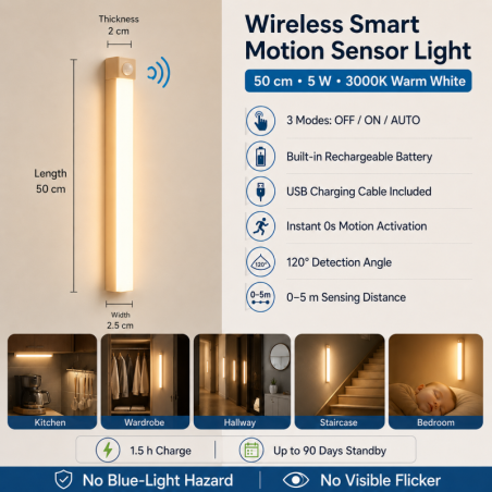 Lampe LED à Détecteur de Mouvement Sans Fil 50cm 5W 3000K USB Rechargeable - Blanc Chaud