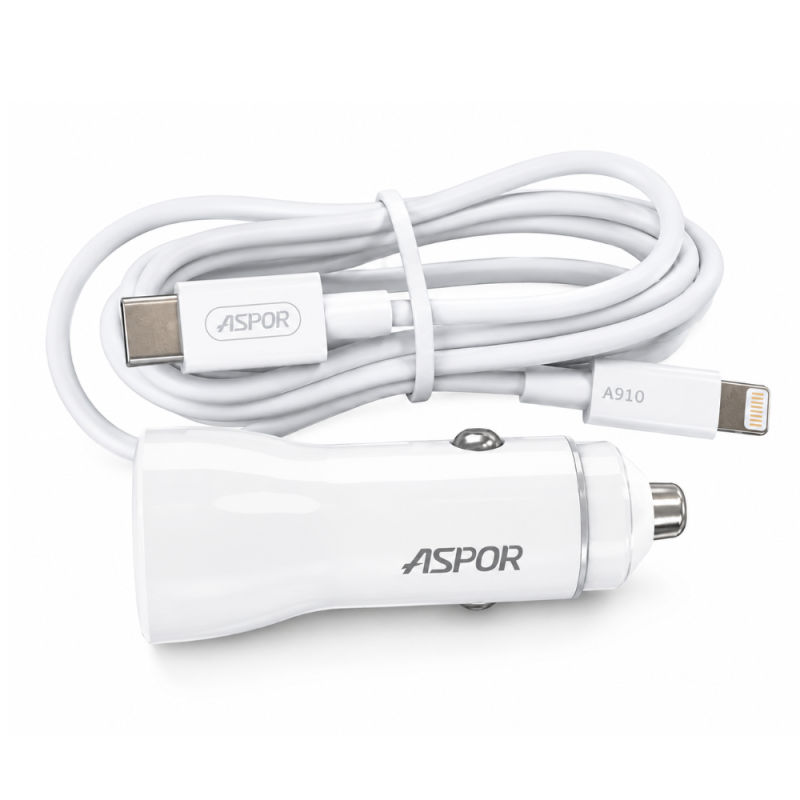 Kit chargeur voiture ASPOR A910 – USB-C PD 20 W, USB QC 22,5 W, câble USB-C vers Lightning, blanc Kit chargeur voiture ASPOR A910 – USB-C PD 20 W, USB QC 22,5 W, câble USB-C vers Lightning, blanc