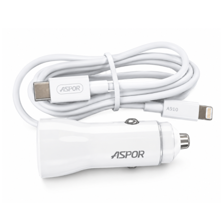 Kit Chargeur Voiture USB-C PD 20W +USB QC 22.5W avec Câble USB - C vers Lighting - ASPOR A910 - Blanc