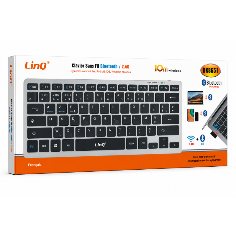 Clavier Sans Fil Bluetooth / 2.4G LinQ BK8651 - AZERTY Français - Gris Clavier Sans Fil Bluetooth / 2.4G LinQ BK8651 - AZERTY Français - Gris