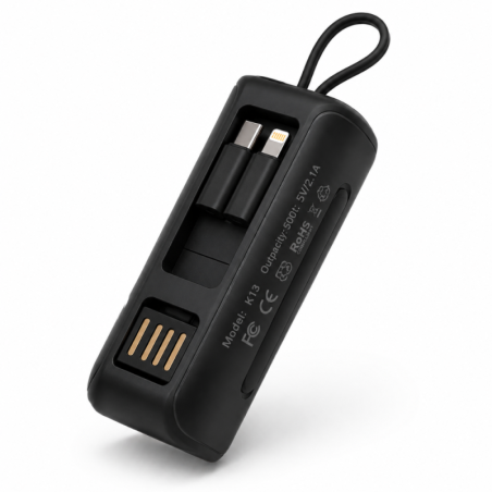 Power Bank Mini 5000mAh Compacte - K13 - Câble USB-C et Lightning intégrés- Noir