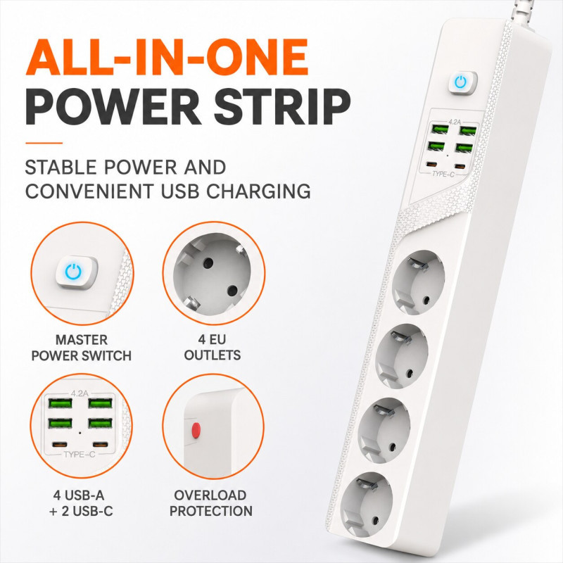 Multiprise KOS-27022 avec 4 Prises EU, 4 USB-A et 2 USB-C - 3000W - 10A - Câble 2M - Blanc Multiprise KOS-27022 avec 4 Prises EU, 4 USB-A et 2 USB-C - 3000W - 10A - Câble 2M - Blanc