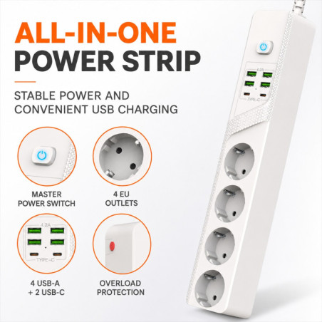 Multiprise KOS-27022 avec 4 Prises EU, 4 USB- | Smarty Paris