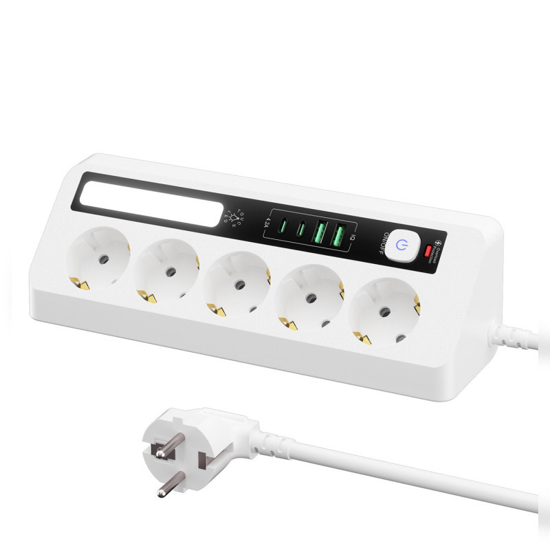 Multiprise KOS-27043 – 5 prises EU, 2 USB-A, 2 USB-C, veilleuse tactile 3 couleurs, protection surcharge, 2 500 W, blanc