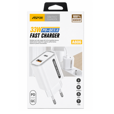 Kit Chargeur USB-C PD + USB QC 3.0 33W - ASPOR A806 - Blanc