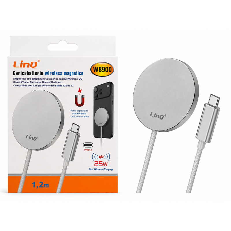 Chargeur Sans Fil Magnétique 25W LinQ W8900 USB-C 1,2m - Argent Chargeur Sans Fil Magnétique 25W LinQ W8900 USB-C 1,2m - Argent