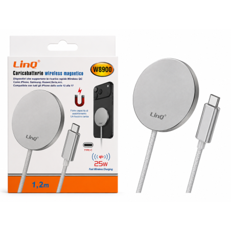 Chargeur Sans Fil Magnétique 25W LinQ W8900 USB-C 1,2m - Argent