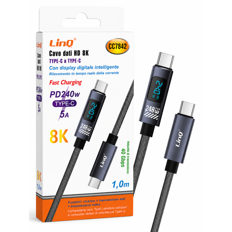 Câble USB-C vers USB-C 240W 8K avec Écran Digital LinQ CC7842 1m - Noir