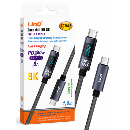 Câble USB-C vers USB-C 240W 8K avec Écran Digital LinQ CC7842 1m - Noir
