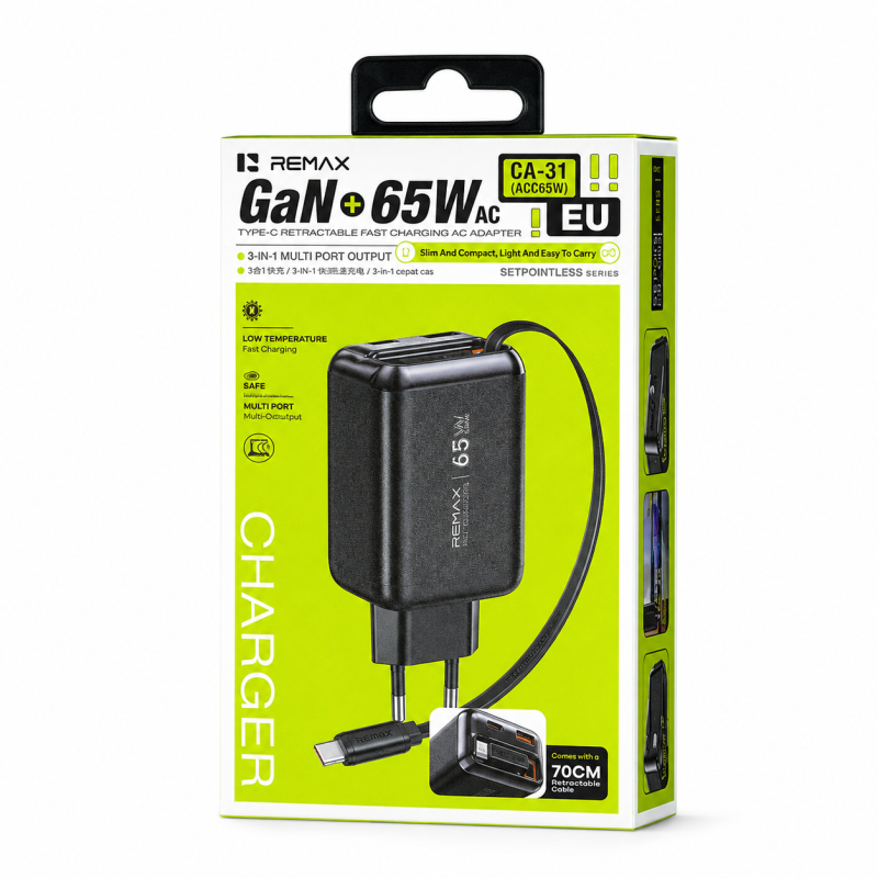 Chargeur GaN Pliable REMAX Landrover CA-31 (ACC65W), Câble USB-C Rétractable 70 cm, Charge Rapide 65 W, Prise EU