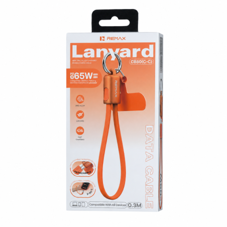 Câble De Charge Rapide Avec Dragonne REMAX CB50 C-C, PD 65W, 3-En-1 Détachable, Tressé, Orange
