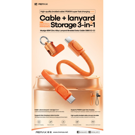 Câble De Charge Rapide Avec Dragonne REMAX CB50 C-C, PD 65W, 3-En-1 Détachable, Tressé, Noir