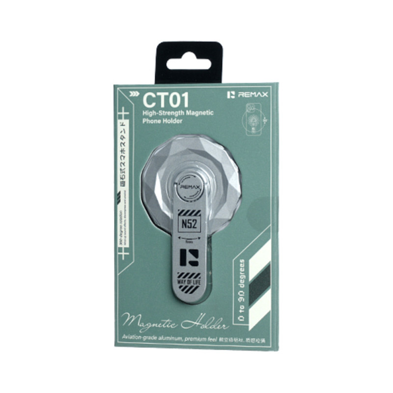 Support Téléphone Magnétique REMAX CT01, Rotatif À 360°, Pliable De 0 À 90°, Alliage D’Aluminium, Universel, Argent