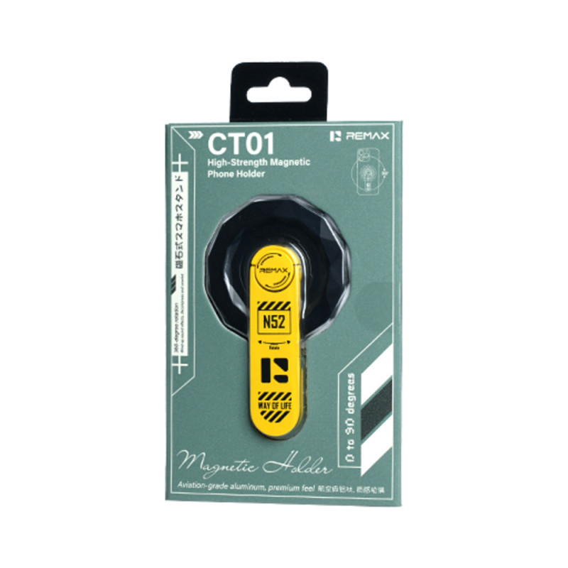 Support Téléphone Magnétique REMAX CT01, Rotatif À 360°, Pliable De 0 À 90°, Alliage D’Aluminium, Universel, Jaune