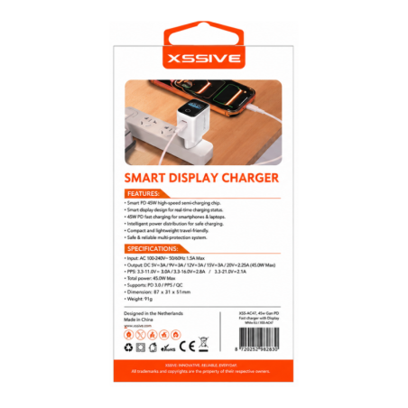 Chargeur Rapide GaN PD 45W avec Écran Intelligent USB-C XSSIVE XSS-AC87 - Blanc