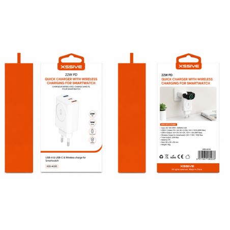 Chargeur Rapide 22W PD avec Charge Sans Fil pour Smartwatch XSSIVE XSS-AC83 - Blanc