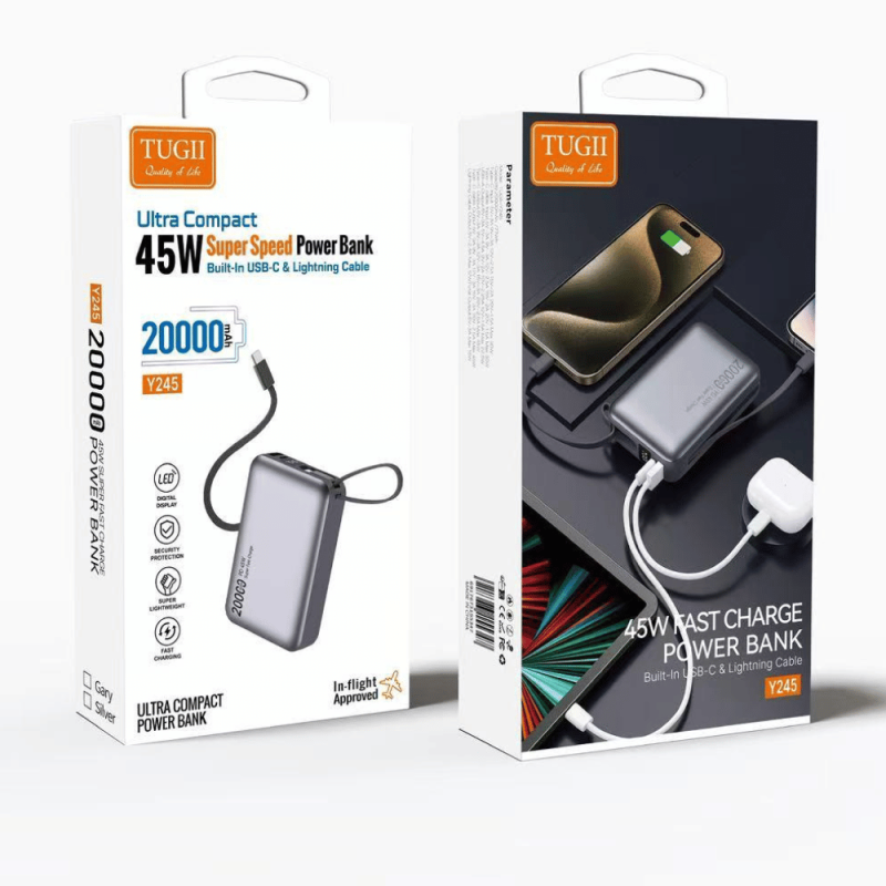 Power Bank Portable 20000mAh PD 45 W Câble USB-C/Lightning TUGII-Y245 - Gris