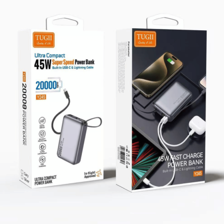 Power Bank Portable 20000mAh PD 45 W Câble USB-C/Lightning TUGII-Y245 - Gris
