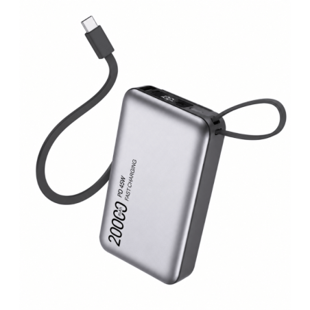 Power Bank TUGII Y245 – 20,000 mAh, PD 45 W, USB-C/Lightning Cable, Grey