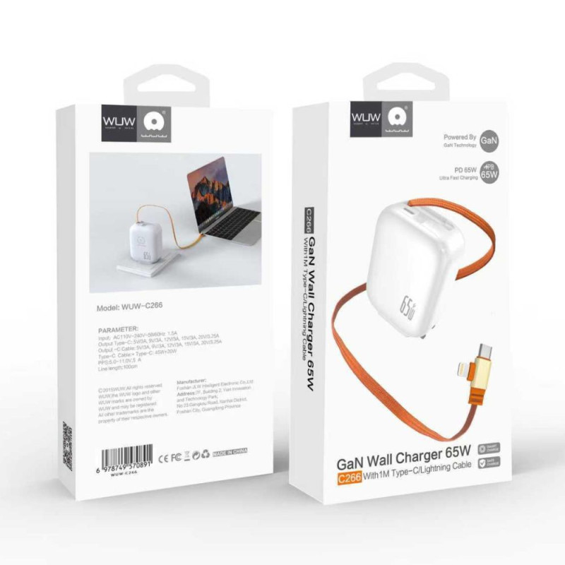 Chargeur Secteur Rapide GaN 65W avec Câble 2-en-1 USB-C / Lightning 1M WUW-C266 - Blanc