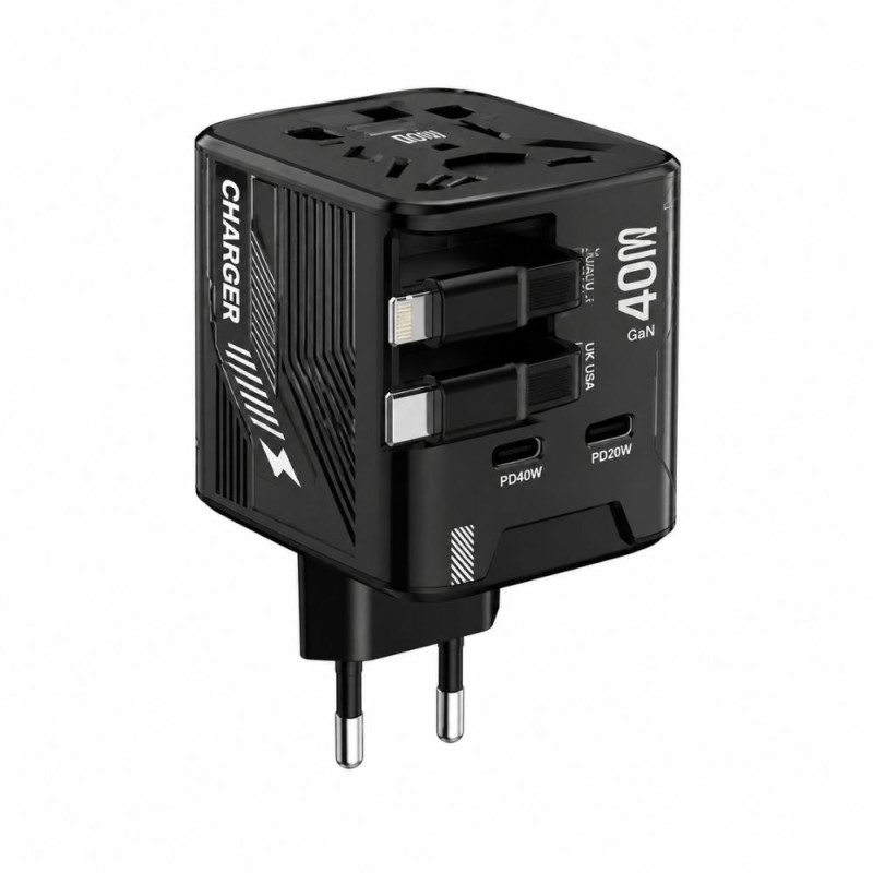 Adaptateur de voyage universel GaN WUW C288 – 40 W, câbles USB-C/Lightning rétractables, noir