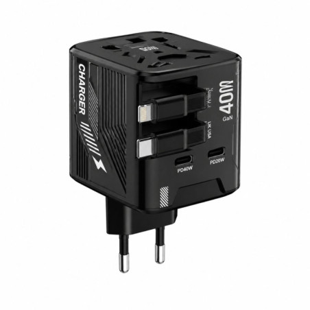 Adaptateur de Voyage Universel GaN 40W avec Câbles USB-C / Lightning Rétractables WUW-C288 - Noir