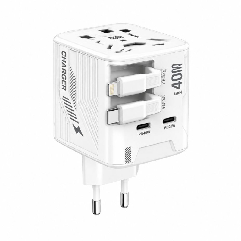 Adaptateur de voyage universel GaN WUW C288 – 40 W, câbles USB-C/Lightning rétractables, blanc Adaptateur de voyage universel GaN WUW C288 – 40 W, câbles USB-C/Lightning rétractables, blanc